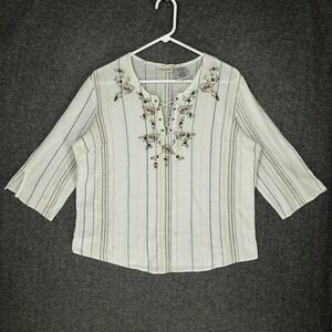 Y2K White Stag Peasant Blouse Striped Embroidered Cotton Women's XL Tie Front